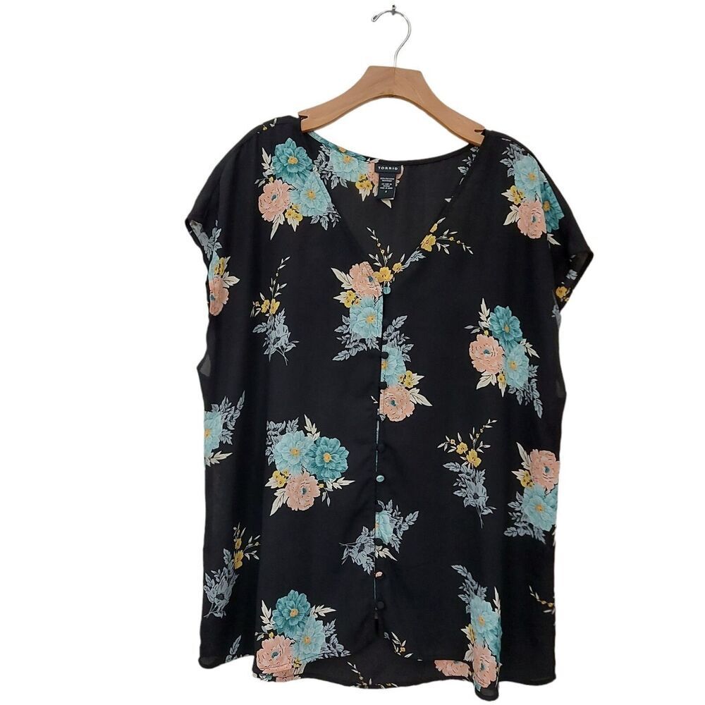 Torrid Blouse Womens 2 Black Floral V-Neck Button Front Cap Sleeve Casual